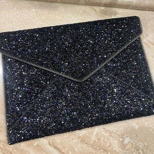 New! Rebecca Minkoff Black Glitter Leo Envelope Clutch